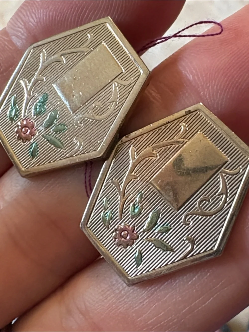 Vintage Hexagonal Floral Enamel Cufflinks - Silver Tone with Green & Pink Detail